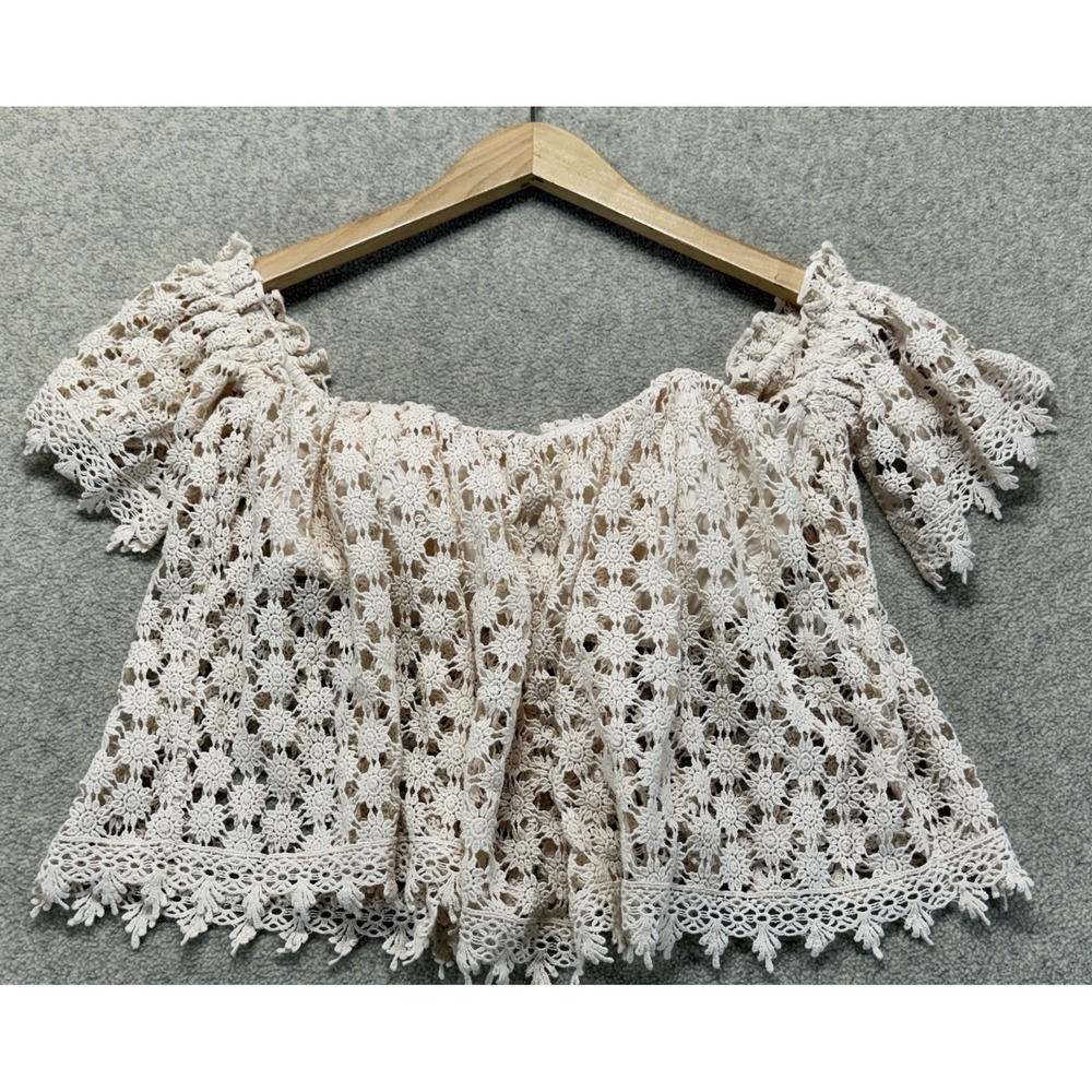 Tularosa Womens Revolve Crochet Crop Blouse Top Beige Off The Shoulder Boho XS